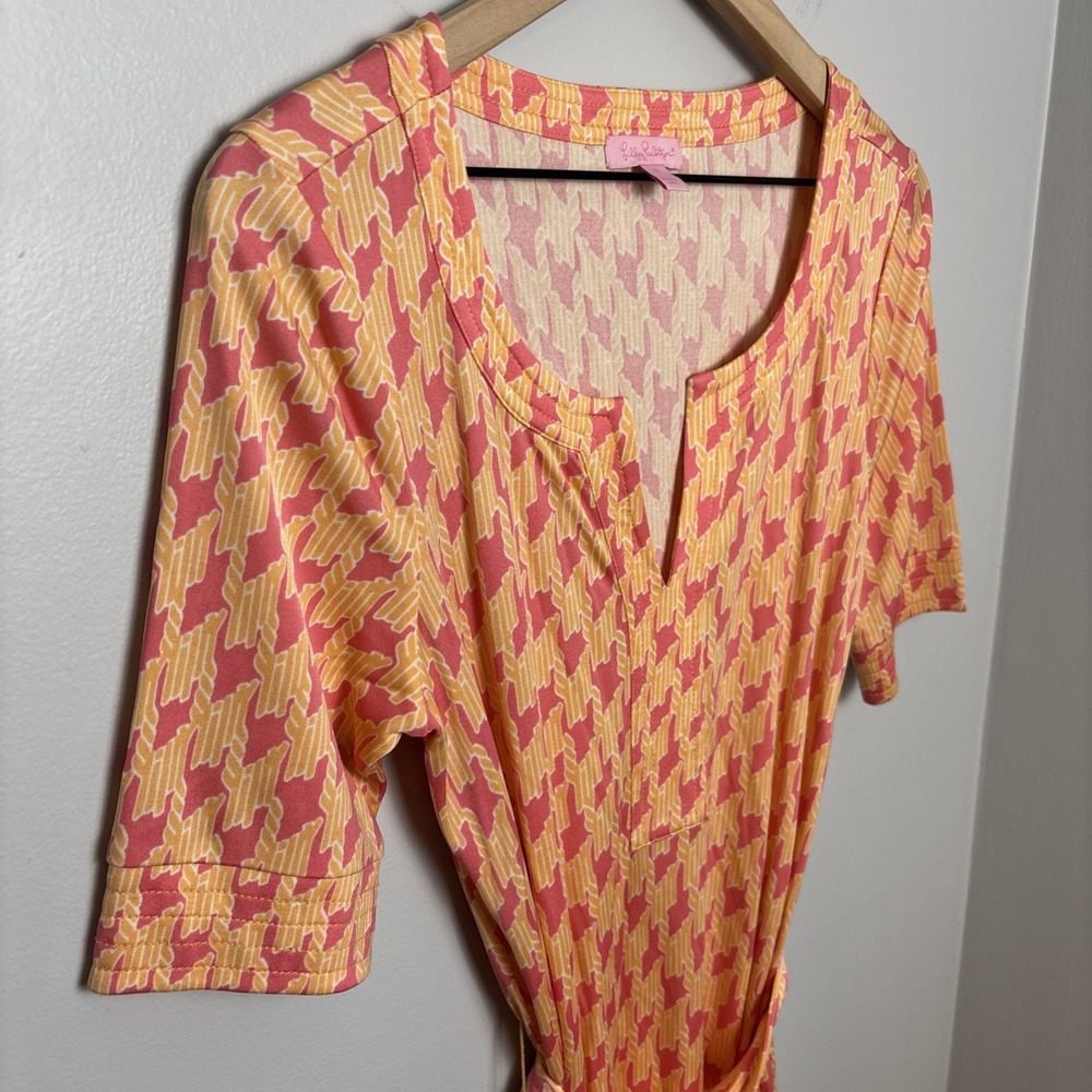 Lilly Pulitzer Colleen Silk Dress Printed Apricot‎ Armstrong Houndstooth Size 10 - Picture 2 of 11